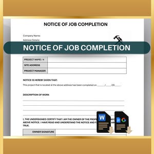 Aviso de Conclusão de Obra, Formulário de Conclusão de Construção, Certificado de Trabalho Editável do Contratante, Download Digital
