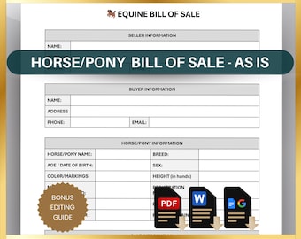 Horse Bill of Sale Template | Equine Purchase Agreement | Sell Pony Buyer & Seller Contract (Printable PDF, Editable Word, Google Docs)