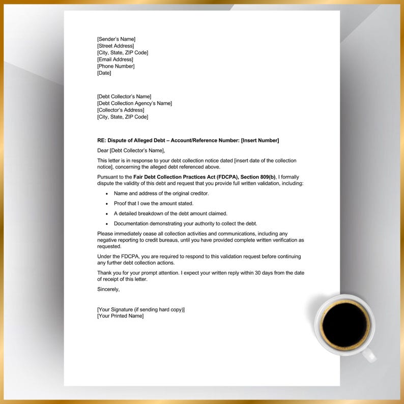 Printable Debt Dispute Letter Compliant with FDCPA USA
