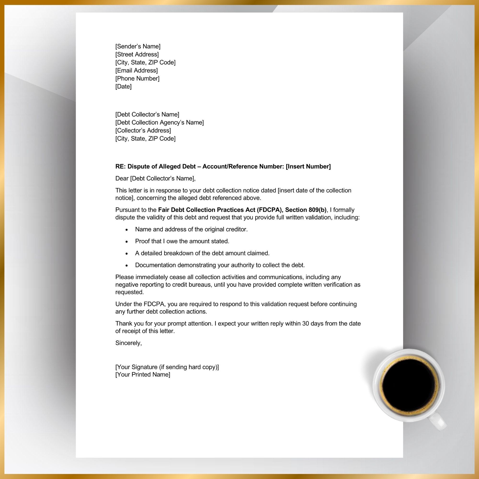 Disputing Debt Collection Language Debt Collection Dispute Letter USA Template: FDCPA Compliant ...