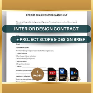Op de afbeelding: Een document getiteld "Overeenkomst voor interieurontwerpers" met de tekst "Interieurontwerpcontract" en "+ Projectomvang & ontwerpbrief". Het document bevat een lijst met diensten en pictogrammen voor PDF, Word en Google Docs. Een badge leest "6 pagina's".