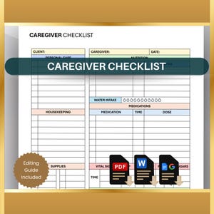 Caregiver Checklist: Daily Elderly Care Log, Medical Tracker (Printable Template, Digital Download)