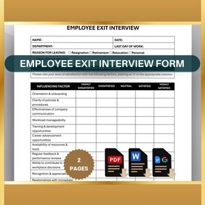 Puede incluir: Formulario de entrevista de salida de empleados en blanco y negro con una tabla para evaluar la satisfacción con diferentes factores. La tabla tiene columnas para muy insatisfecho, insatisfecho, neutral, satisfecho y muy satisfecho. El formulario tiene dos páginas y se puede descargar en formato PDF, Word o Google Docs.