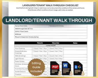 Rental Property Walk Through Checklist, Walkthrough Form, Landlord Tenant Move Inspection (Printable PDF, Editable Word, Google Docs)