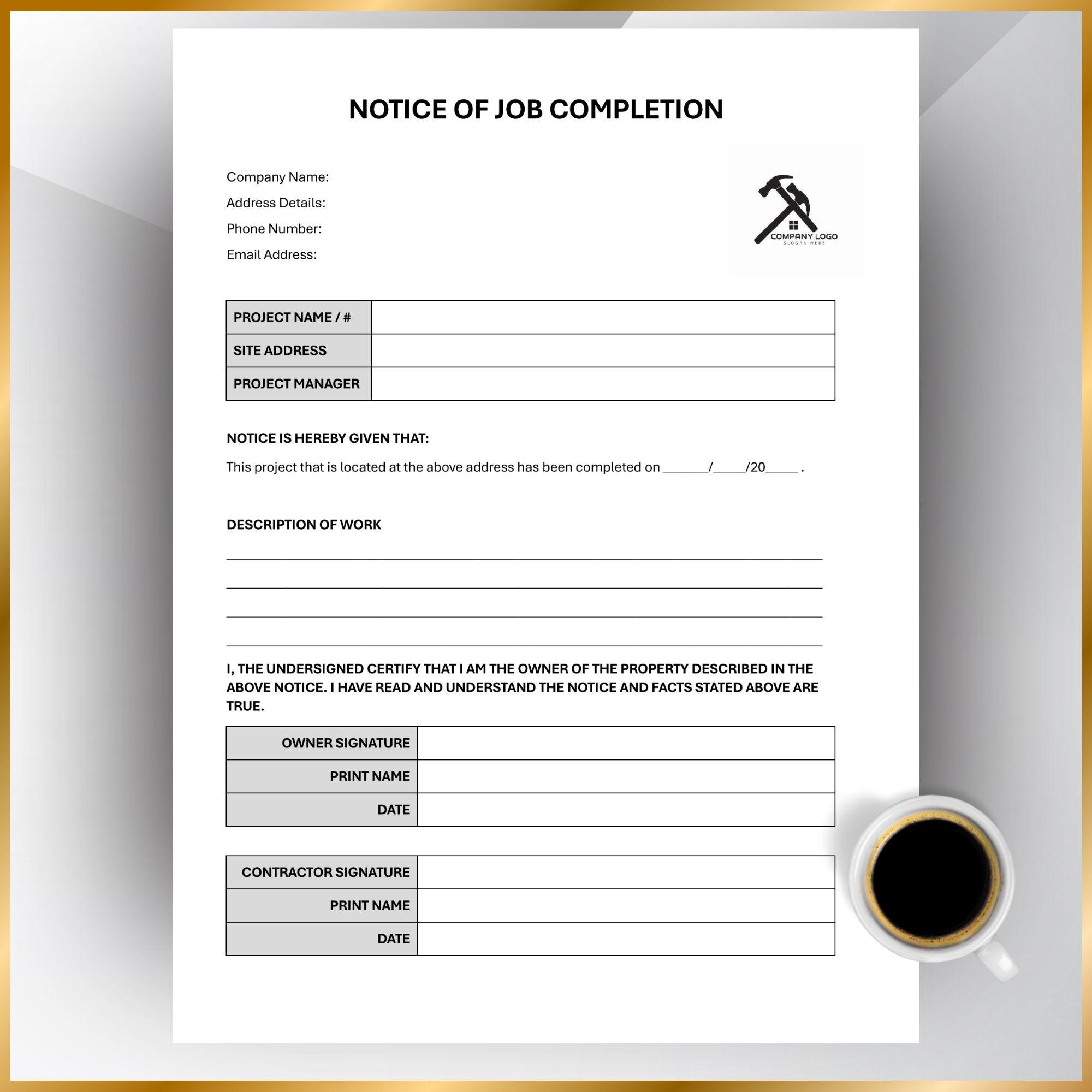 Notice of Job Completion Form, Certificate of Completion Template ...