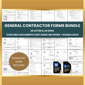 Generalunternehmer Forms Bundle | Anpassbare Trade-Vorlagen | Bearbeitbares und markenfähiges Dienstleister-Conttrakt-Paket | Word & Google Docs