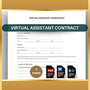 Op de afbeelding: Een overeenkomst voor een virtuele assistent met de titel "Virtual Assistant Contract". Het contract is drie pagina's lang en kan worden gedownload in de formaten PDF, Word en Google Docs.