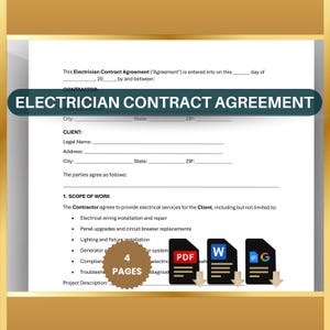 May include: A black and white electrician contract agreement template with the title "Electrician Contract Agreement" in bold, black text. The template includes sections for the contractor, client, scope of work, and project description. The document is four pages long.