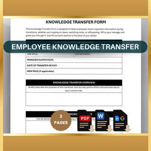 Puede incluir: Formulario de Transferencia de Conocimiento para Empleados en blanco y negro, con secciones para el puesto, departamento y detalles de transferencia. Incluye una descripción general de la transferencia de conocimiento e iconos de PDF, Word y Google Docs.