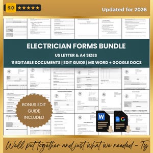 Bundel contractformulieren elektricien: elektrische serviceovereenkomsten, offertes, facturen, bonnen (bewerkbaar Word, Google Documenten)