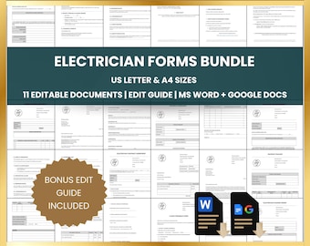 Formularios de contrato de electricista: contratos de servicios eléctricos, presupuestos, facturas y recibos (Word editable, Documentos de Google)
