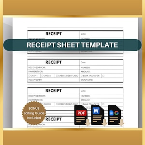 Receipt Template for Small Business, Printable Payment Receipt, Digital Cash Receipt Book for Transactions | Edit Word, Docs & Print PDF