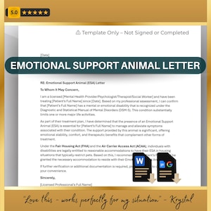 Carta para animales de apoyo emocional, plantilla de alojamiento y viaje de la ESA, mascota de compañía, autorización para animales de servicio, Google Docs