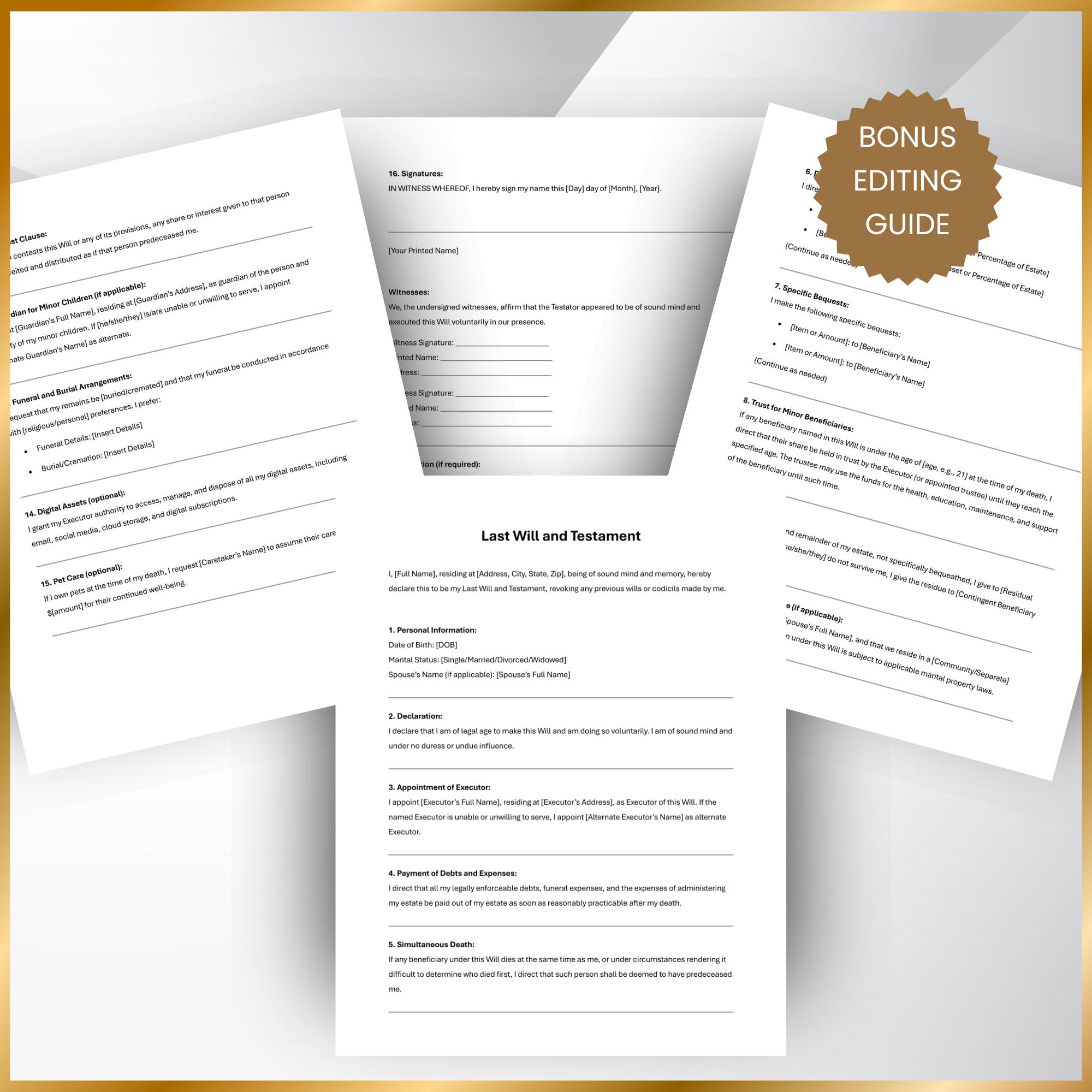Last Will and Testament Template: Inheritance, Executor and Estate ...