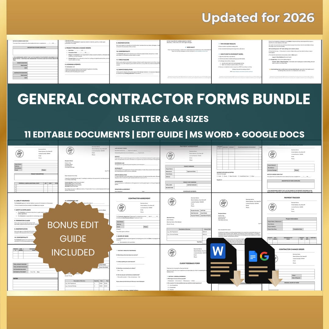 General Contractor Forms Bundle: Collection of Paperwork Templates for ...