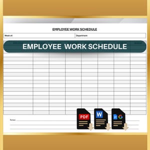 May include: A printable employee work schedule template with columns for employee name, days of the week, and notes. The template is available in PDF, Word, and Google Docs formats.