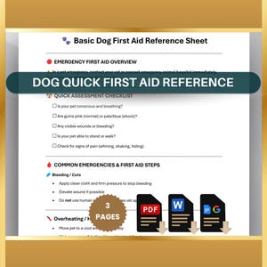 Puede incluir: Una hoja de referencia de primeros auxilios para perros imprimible con una lista de verificación para una evaluación rápida y emergencias comunes y pasos de primeros auxilios. La hoja está disponible en los formatos PDF, Word y Google Docs. Incluye 3 páginas de información.