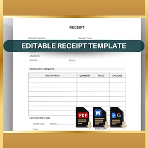 Receipt Template, Printable Business Receipt PDF, Invoice Receipt Form, Simple Receipt Format, Small Business Receipt, Editable Word
