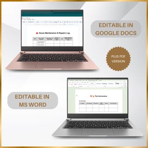 Visual of digital binder templates opened in Google Docs and MS Word, showing editable and fillable tables for emergency use.