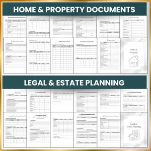 Home inventory and legal planning templates for emergency binder. Track repairs, insurance, assets, wills, power of attorney, estate details, and end-of-life preferences.