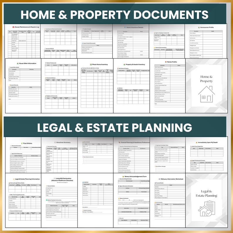 Home inventory and legal planning templates for emergency binder. Track repairs, insurance, assets, wills, power of attorney, estate details, and end-of-life preferences.