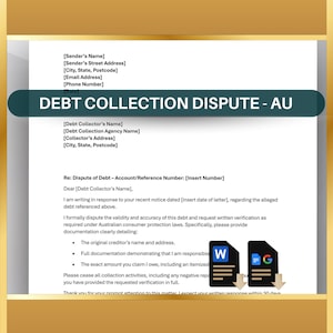 Carta de disputa de cobro de deudas en Australia, Plantilla de deuda en Australia, Carta de validación de deuda de ACL, Formulario de respuesta de agencia de cobros en Word, Documentos G