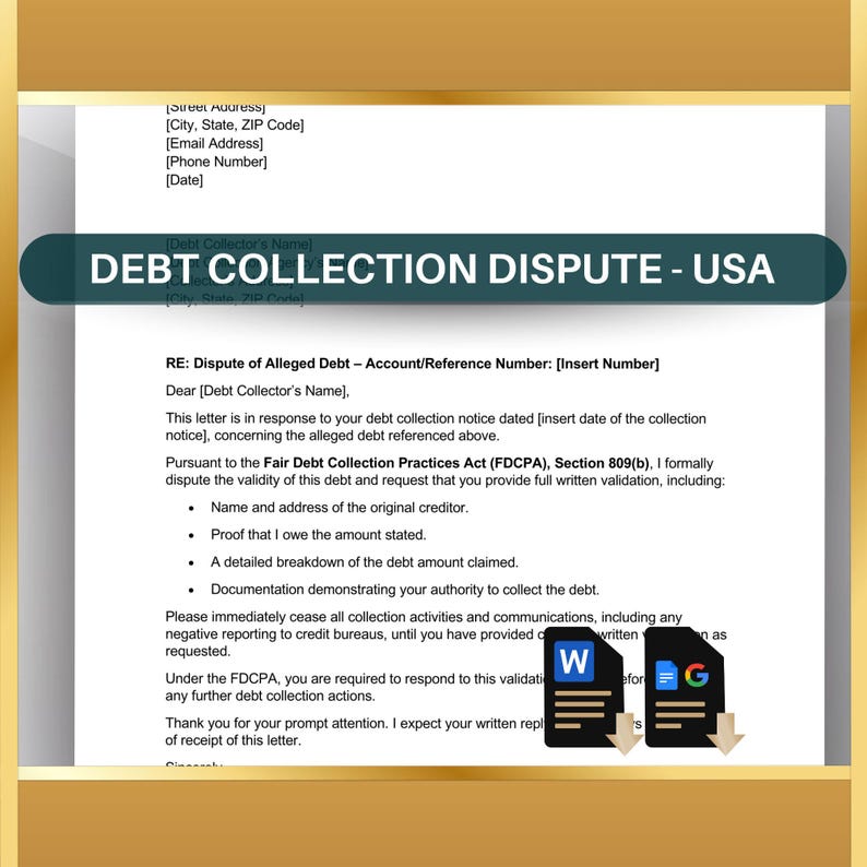 Editable USA Debt Collection Dispute Letter Template for Word & Google Docs