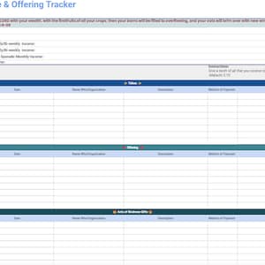 May include: A printable tithe and offering tracker with sections for tithes, offerings, and acts of kindness gifts. The tracker includes columns for date, name of organization, description, method of payment, and amount.