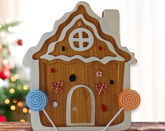 Hand Painted Cherry Wood Gingerbread House, Holiday Decor