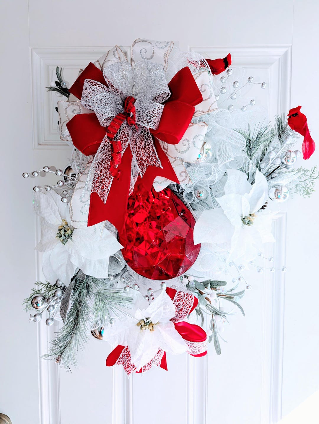 Silver and Red Christmas Swag, White Poinsettia, Red Jewel - Etsy