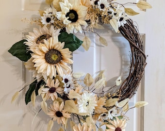 Beige Sunflower grapevine wreath, Fall Sunflower wreath, Fall Door wreath