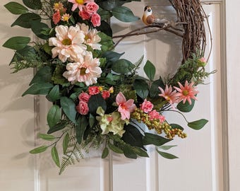 Pink Summer grapevine wreath, Victorian Style wreath