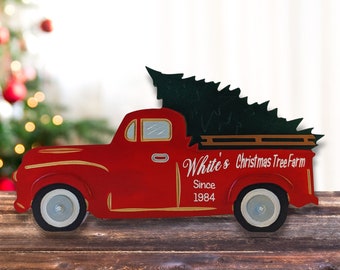 Personalized Red Christmas Tree Truck Ornament | Mantel Decor
