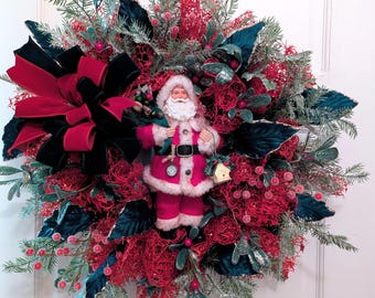 Santa Christmas wreath, Red and Green Santa wreath