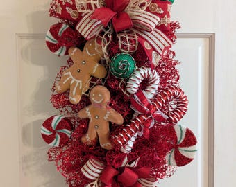 Christmas Candy Cane Peppermint Gingerbread man swag wreath