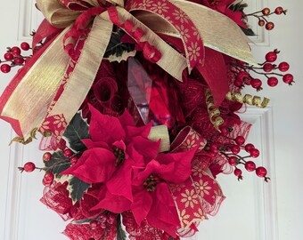 Red Jewel and Poinsettia Christmas Swag Wreath
