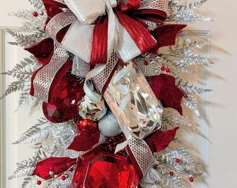 Christmas Red and Silver Jeweled swag wreath