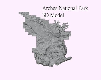 May include: A gray 3D model of Arches National Park. The model shows the park's terrain with detailed relief, including canyons and rock formations. The text "Arches National Park 3D Model" is displayed at the top.