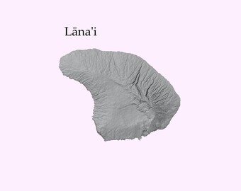 May include: A grayscale map of the island of Lānaʻi, a Hawaiian island. The map shows the island's topography with its mountains and valleys.