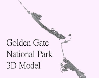 May include: A 3D model of Golden Gate National Park, rendered in shades of gray. The text "Golden Gate National Park 3D Model" is displayed in black, with a light pink background.