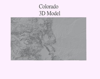 May include: A grayscale 3D model of the state of Colorado, showing topographical features. The text "Colorado 3D Model" is displayed above the map. The map is rectangular and set against a light pink background.
