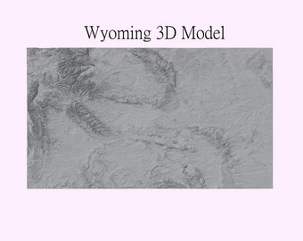 May include: A grayscale 3D model of Wyoming, USA, with detailed topographical features. The image shows the state's mountainous regions and plains, with the text "Wyoming 3D Model" at the top. The model is set against a light pink background.