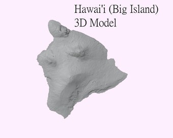 May include: A 3D model of the Big Island of Hawaii, also known as Hawai'i. The model is gray and shows the island's unique shape and features.