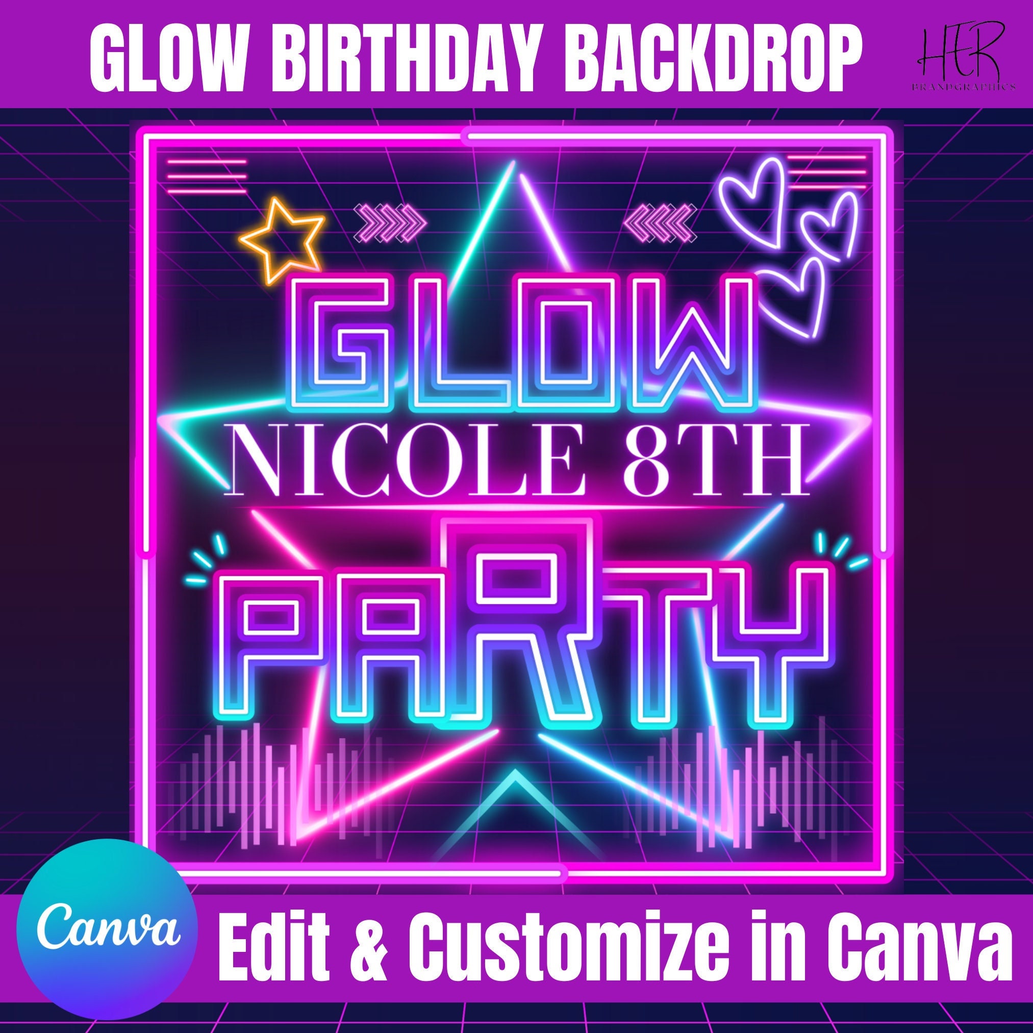Neon and glow printable digital backdrop, Neon glow in the dark backdrop, party, birthday, Birthday Backdrop, Glow Personalized Banner