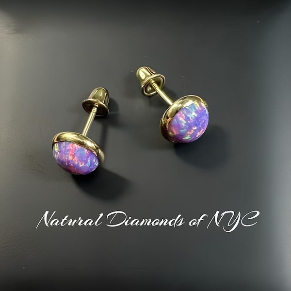 Purple Opal Stud Earrings in 14K Solid Gold, Bezel Set Purple Opal Studs, 14K Solid Gold, Screw back, Opal Earrings, Dainty Stud Earrings