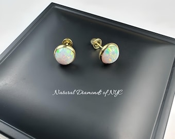 White Opal Stud Earrings in 14K Solid Gold, Bezel Set White Opal Studs, 14K Solid Gold, Screw back, Opal Earrings, Dainty Stud Earrings