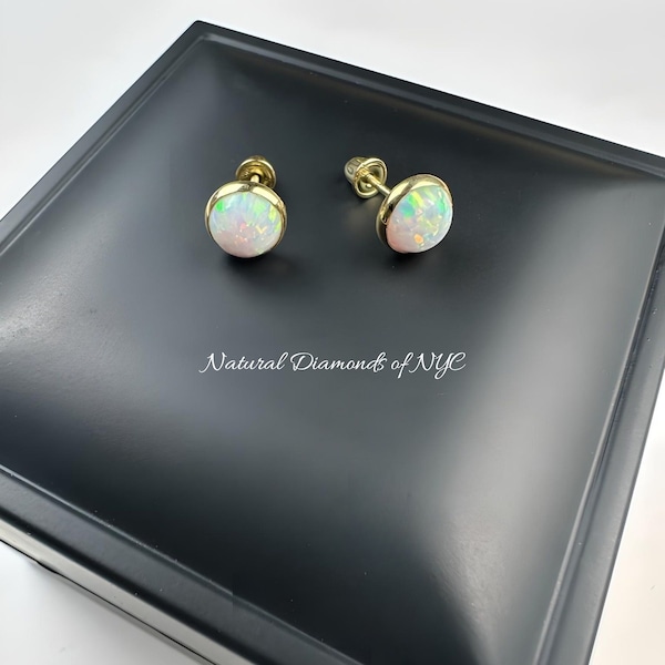 White Opal Stud Earrings in 14K Solid Gold, Bezel Set White Opal Studs, 14K Solid Gold, Push back, Opal Earrings, Dainty Stud Earrings