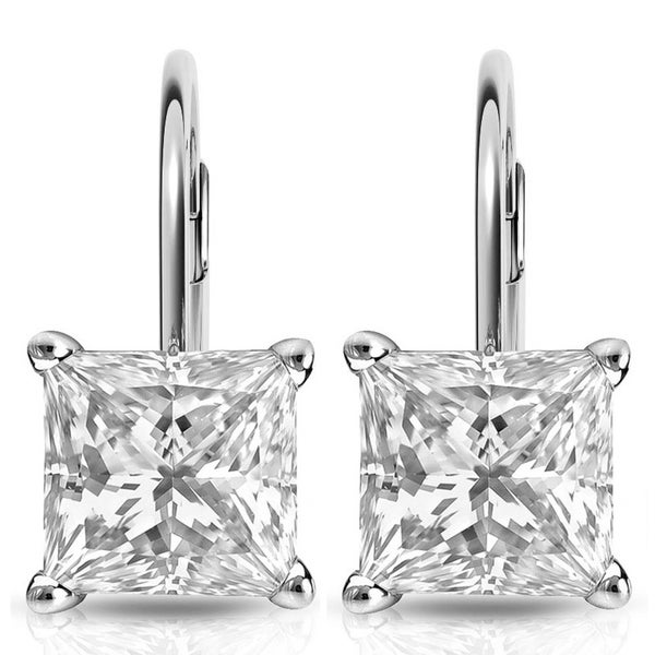 GRA Certified 1.00 ct to 12.00 ct Princess Cut Moissanite Drop Leverback Earrings in 14K White Gold