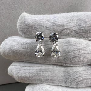 Pear Shape & Round Cut Moissanite Earrings in 14k solid gold, Pear Cut Moissanite Drop Earrings Gift For Her, Anniversary Gift for Women