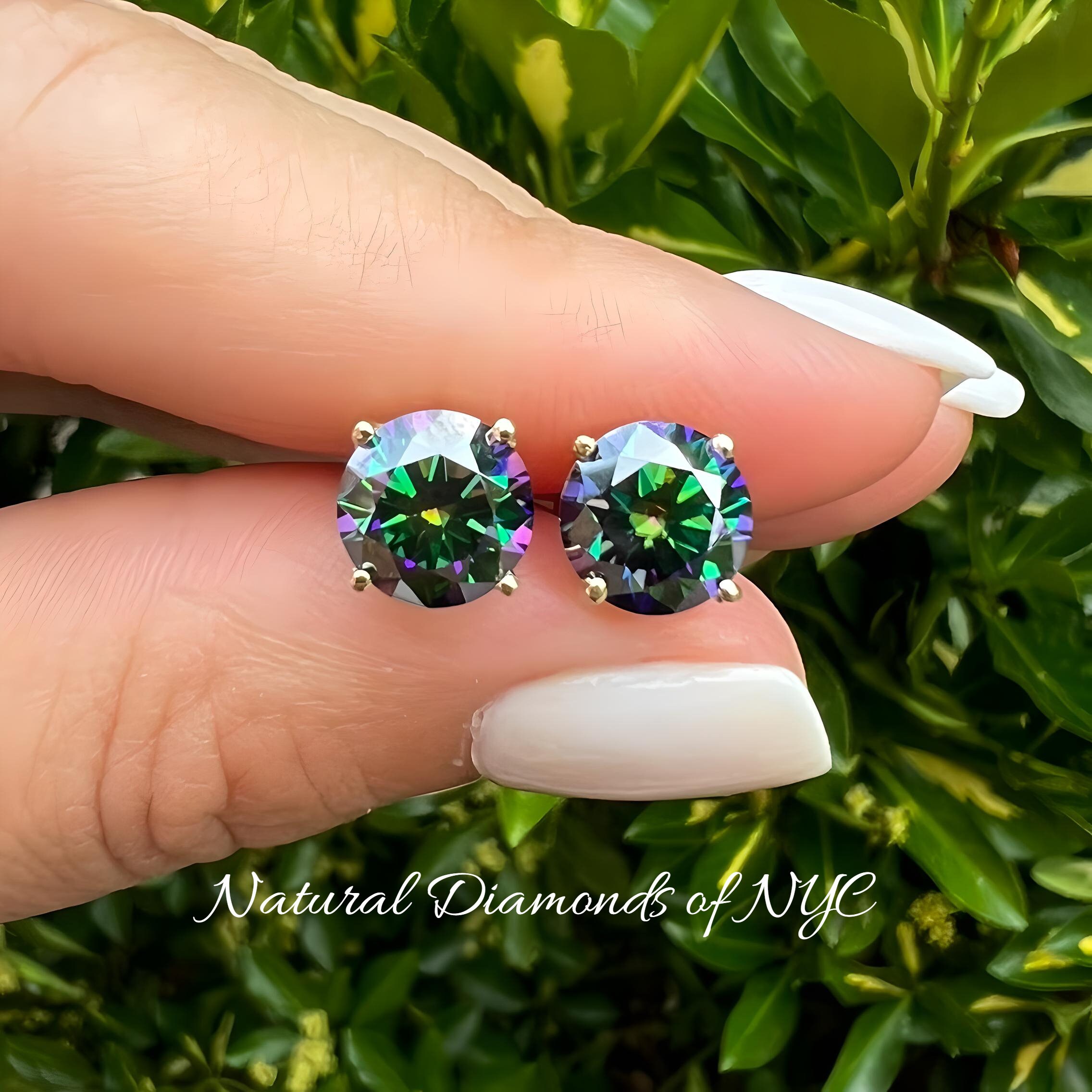 Rainbow Green Moissanite Stud Earrings Certified 14K Gold Solid • Round Cut • Green Moissanite Stud • Stud Earrings • Moissanite Earring